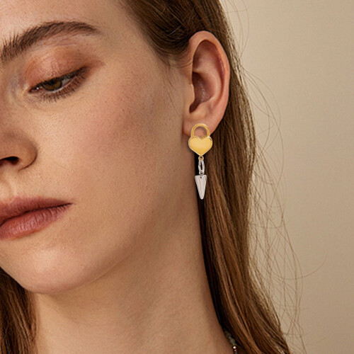 Heart Cone Drop Earrings Gold and Silver Tone 2