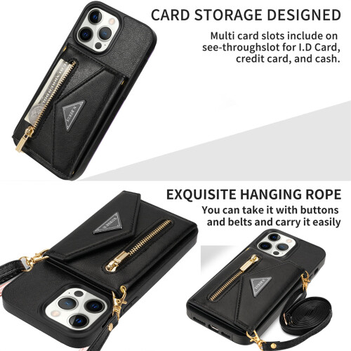 Custodia a tracolla/portafoglio in pelle PU nera per iPhone 15 Pro Max 2