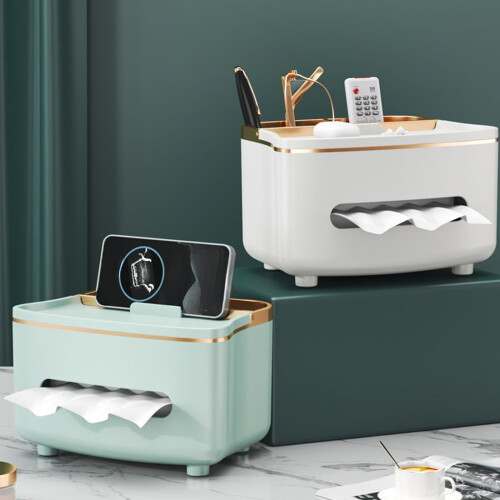 Boîte à mouchoirs avec porte-télécommande, verte et blanche.