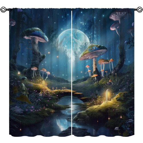 Mushroom Curtains Moon Pattern Rod Pocket Thermal 2 Panels