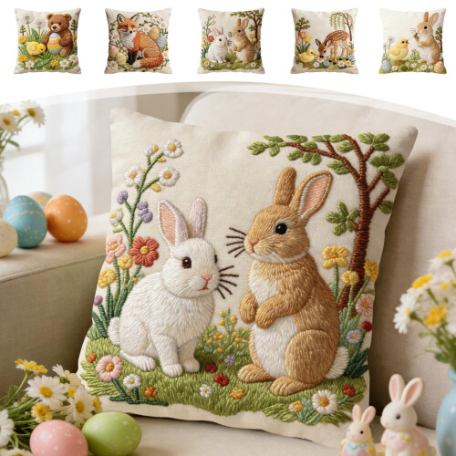 Housse de coussin brodée lapin de Pâques 45 x 45 cm