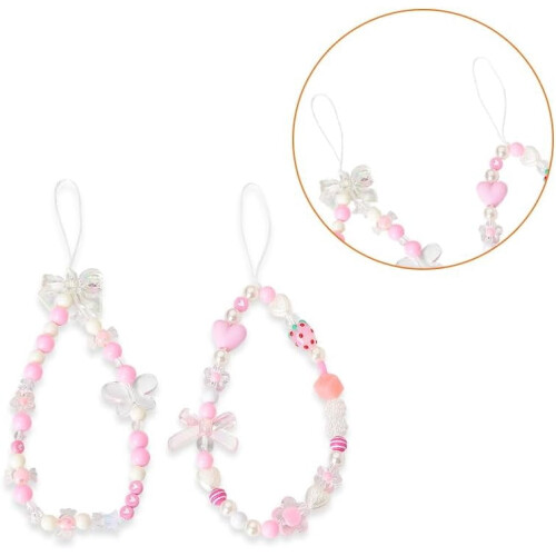 Pink Beaded Y2K Phone Charm 2 pcs Butterfly Bow Keychain 2