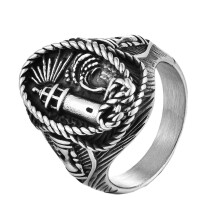 Bague chevalière pour homme en acier inoxydable avec phare, corde et