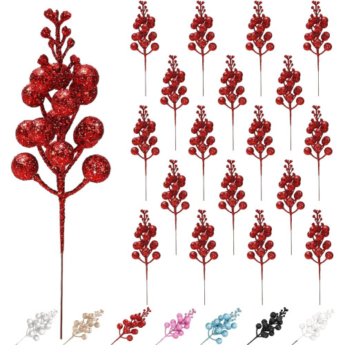 Glitter Berry Tree Picks Silver Stems 18-Pack