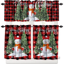 Ensemble de rideaux de cuisine de Noël à carreaux rouges, motif bonhomme de neige et sapin