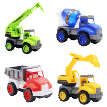 Ensemble de camions de chantier avec pelle mécanique, grue à benne basculante et bétonnière.