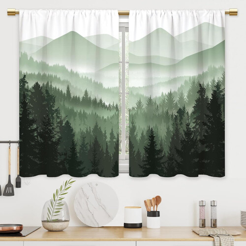 Κουρτίνες Κουζίνας Green Misty Forest 27,5x39 ίντσες 2 πάνελ