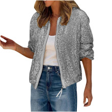 Veste courte à sequins en polyester, manches longues, fermeture éclair