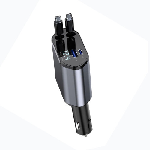 R120W Car Charger Dual USB-C Micro-USB 31.5in Retractable 1