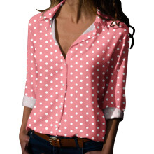 Polka Dot Button-Down Top for Women Long Sleeve Pink M