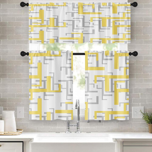 Yellow Grey Geometric Kitchen Curtains Set of 3
