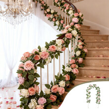 Arche en rotin avec feuilles de roses réalistes, grande décoration florale