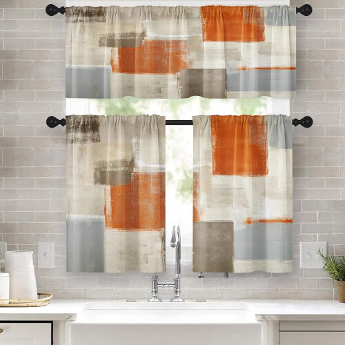 Beige and Orange Abstract Kitchen Curtains Set of 3