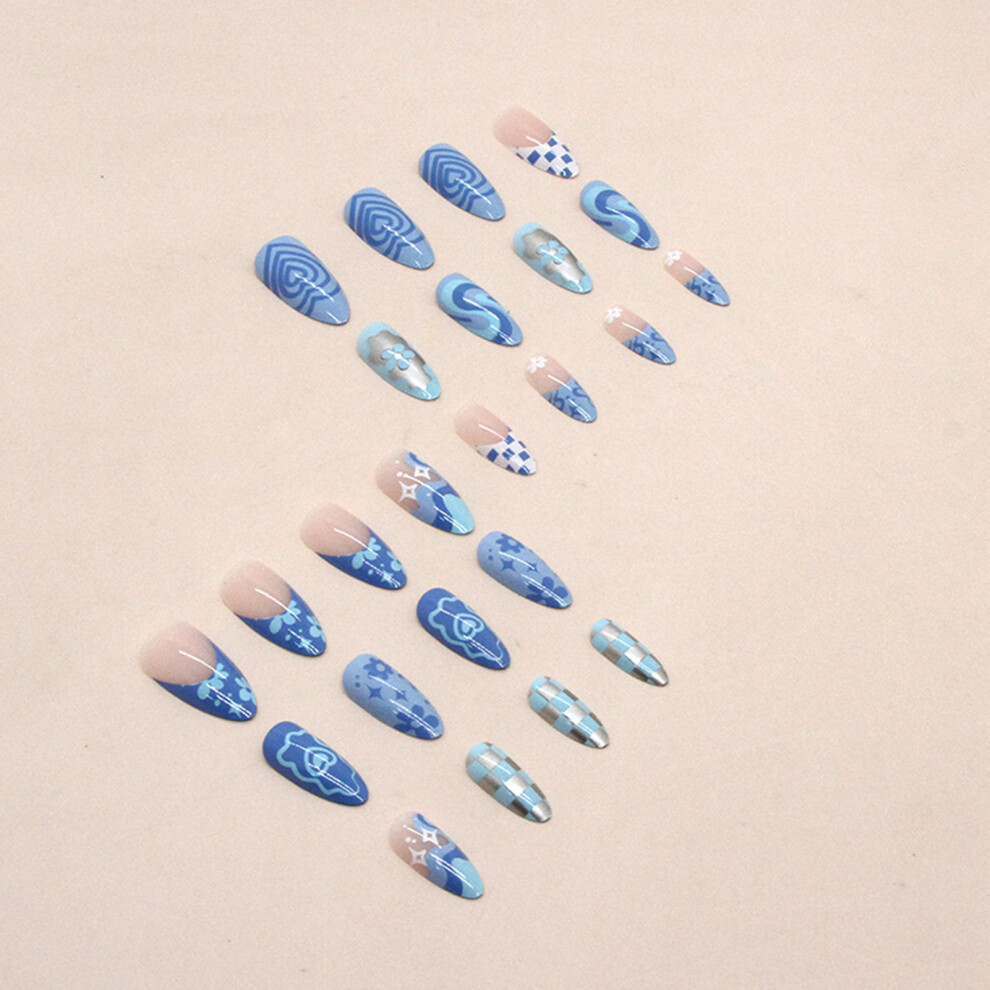 Hue-Grain (Standard) Blue Almond Fake Nails - Lightweight & Durable