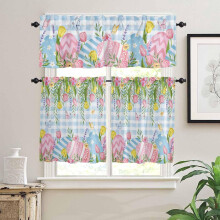 Easter Kitchen Curtains Blue Plaid Floral Eggs 24 inch