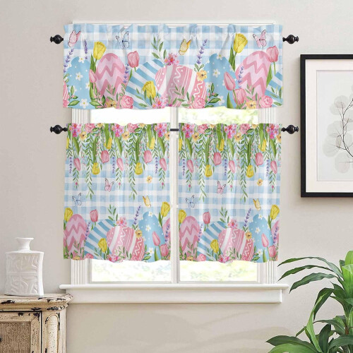 Easter Kitchen Curtains Blue Plaid Floral Eggs 24 inch
