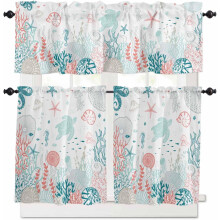 Coastal Kitchen Curtains Set Ocean Teal Orange 3-Piece