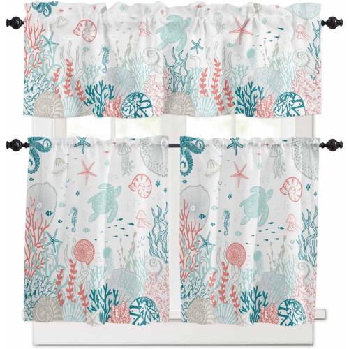 Coastal Kitchen Curtains Set Ocean Teal Orange 3-Piece