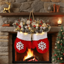 Couronne de Noël en forme de moufle, 38 cm, pré-illuminée et floquée, pour intérieur