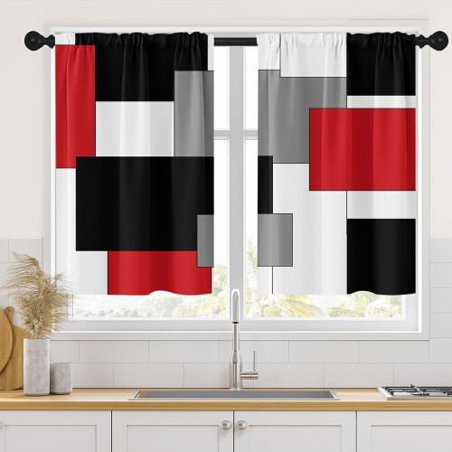 Red Kitchen Curtains Modern Abstract Geometric 26x36 Inch