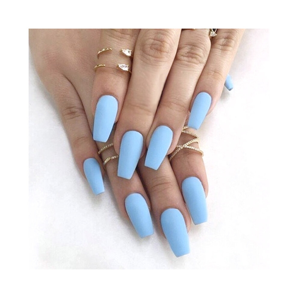 Hue-Grain 24Pc Matte Blue Fake Nails, Long Square Bride Style
