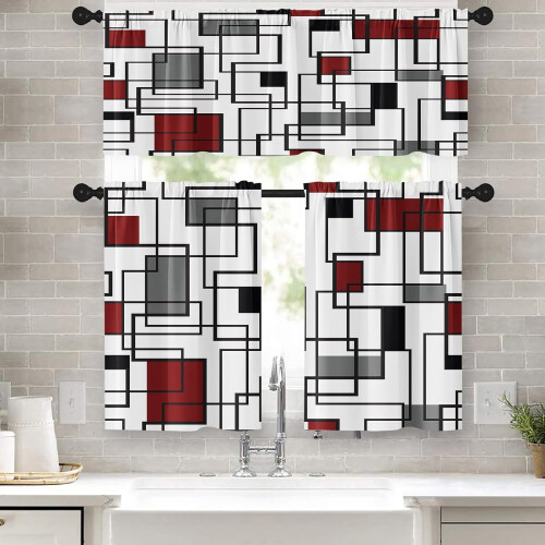Red and Black Geometric Kitchen Curtains Set of 3