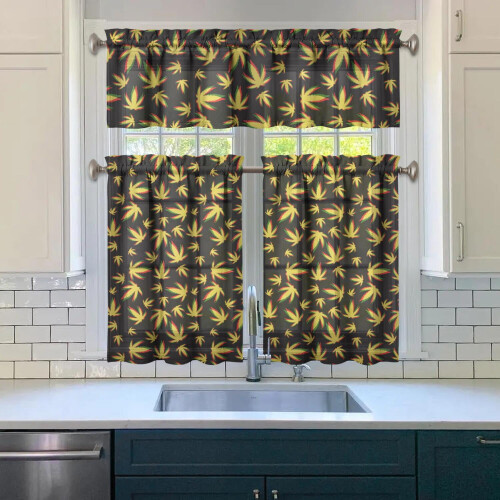 Kitchen Curtain Set Bamboo Maple Pattern Polyester 3-Pc 2