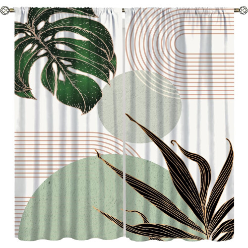 Mid-Century Leaf Curtains Abstract Green Plant Design