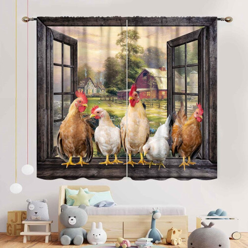 Rooster Kitchen Curtains Farmhouse Chicken Pattern Blackout 2