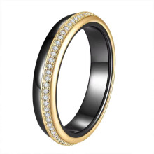 Women's Stainless Steel Ceramic Zirconia Ring Gold Black