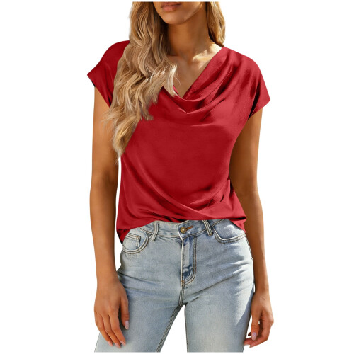 Top da donna a maniche corte con scollo a V, leggero, elasticizzato e casual.