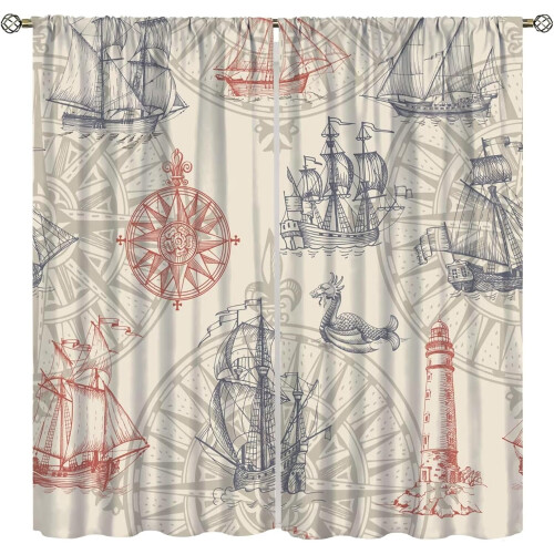 Seahorse Nautical Curtain Set Yellow Polyester 2 Panels