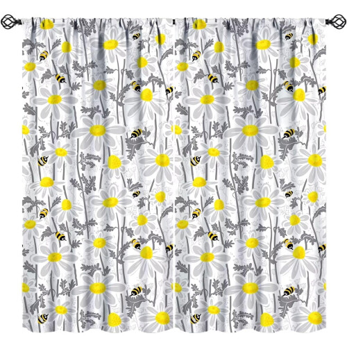 Spring Daisy Curtains Rustic Floral Print Grey Yellow White