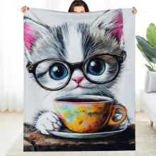 Coffee Cup Cat Pattern Flannel Blanket 50x60 in