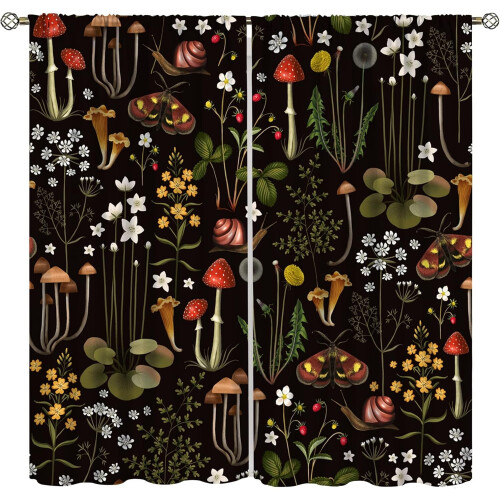 Mushroom Forest Moth Curtains Retro Cartoon Pattern 84x84 in