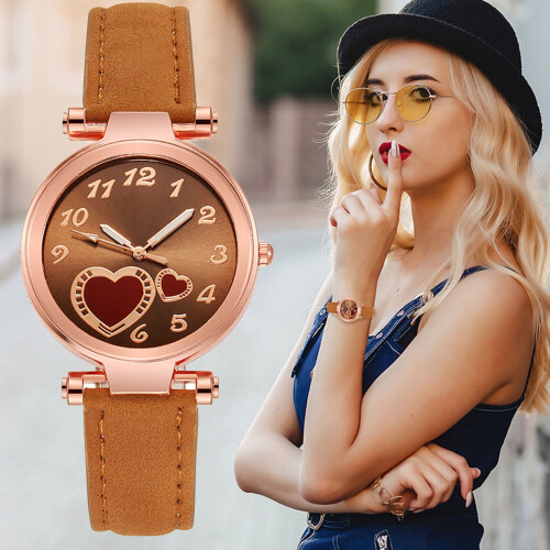 Women's Quartz Analog Watch with Leather Strap Round Case