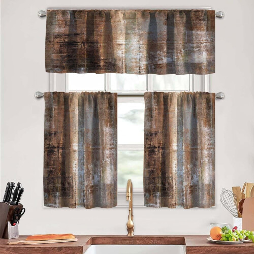 Kitchen Curtains Tiers and Valances Set Brown Grey 36 inch