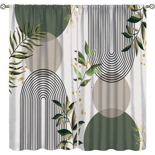 Mid-Century Leaf Curtains Abstract Green Plant Design 42x54