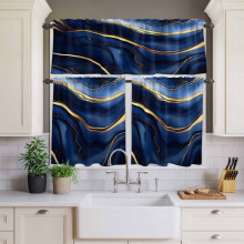 Navy Blue Marble Gold Foil Kitchen Curtains and Valance Set
