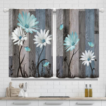 Teal Daisy Floral Kitchen Curtains Rustic Brown Wooden 2