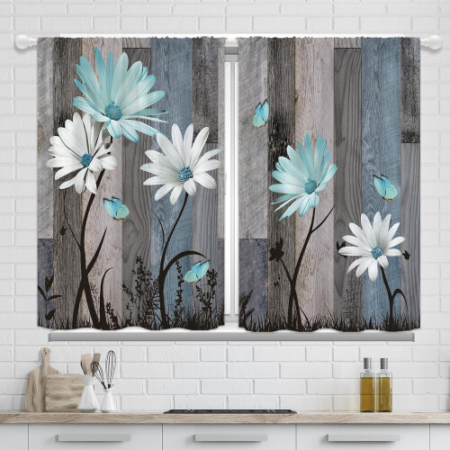 Teal Daisy Floral Kitchen Curtains Rustic Brown Wooden 2