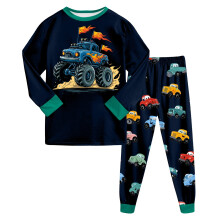 Boys Cotton Pajama Set with Trucks Print Green 7-8 Years