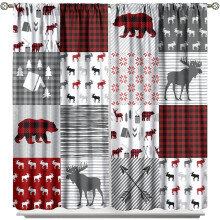Moose Bear Curtains Grey Red Plaid 84x84 in