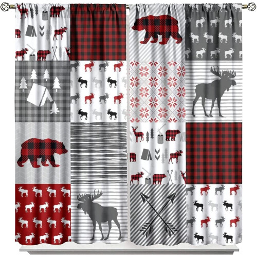Moose Bear Curtains Grey Red Plaid 84x84 in