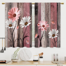Farmhouse Wooden Pink Daisy Curtains Rustic Country Floral