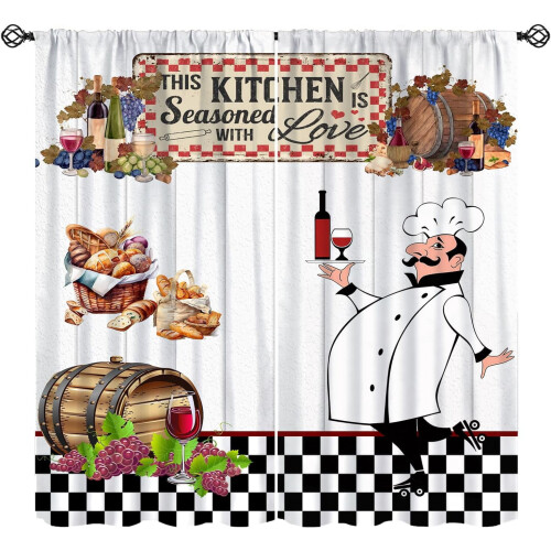 Chef Curtains Rustic Wood Design Wine Red Thermal Drapes 2