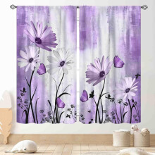 Purple and White Daisy Curtains Farmhouse Modern 2 Panels