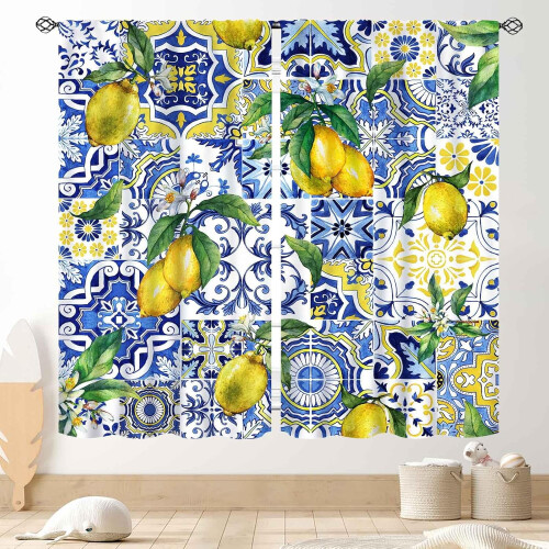 Yellow Lemon Kitchen Curtains Vintage Retro Fruit Pattern