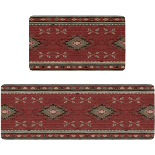 Red Western Kitchen Rugs Set of 2 Farmhouse Boho Rustic