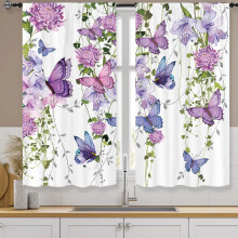 Purple Butterfly Farmhouse Kitchen Curtains Rod Pocket